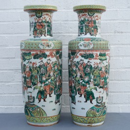 A pair of Chinese famille verte rouleau vases, 19th C.